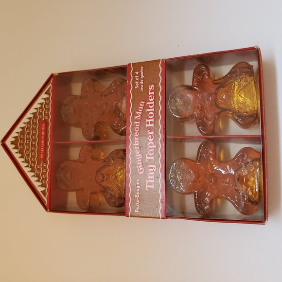 Williams Sonoma Glass Gingerbread Man Tiny Taper Candle Holders Set of 4 NIB - Picture 4 of 7